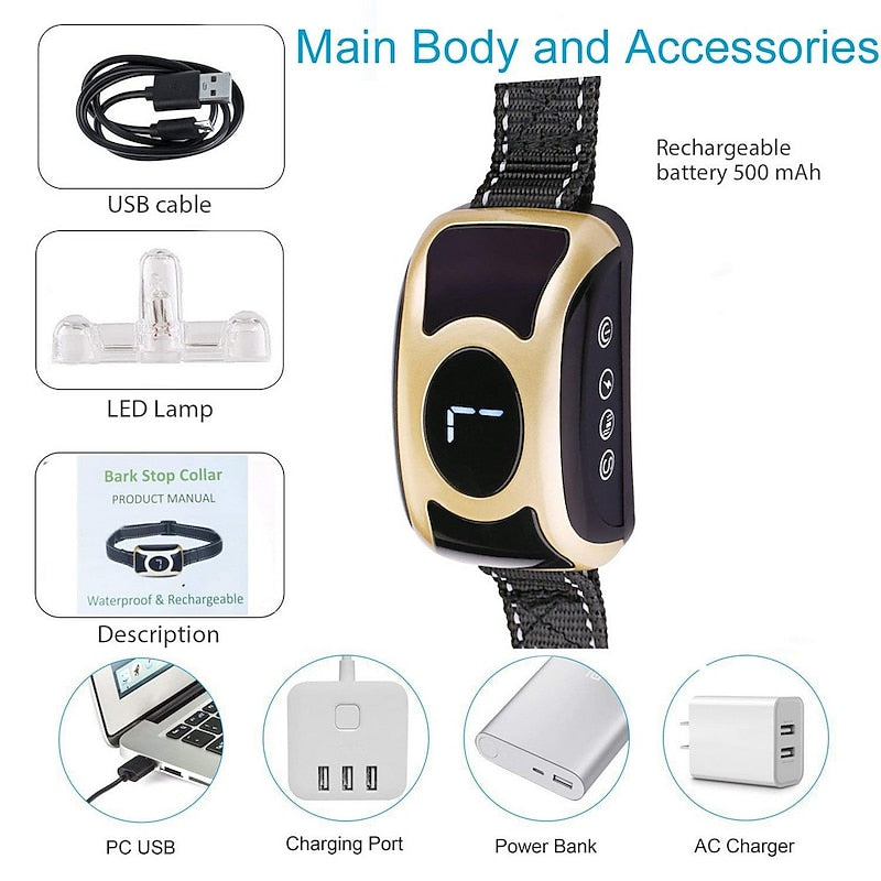 Collier anti-aboiements rechargeable avec sensibilité réglable et modes d'entraînement