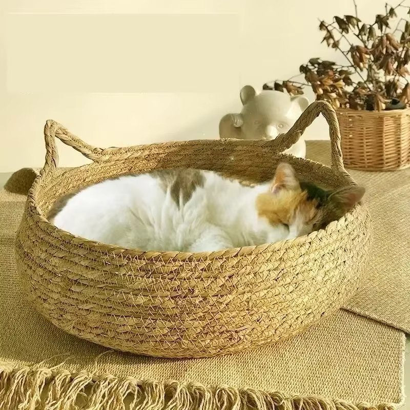 天然シーグラスを手編みしたクッション付き猫用ベッド