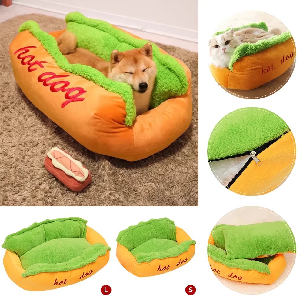 Cama para perros con forma de perrito caliente - Comodidad mullida para perros y gatos
