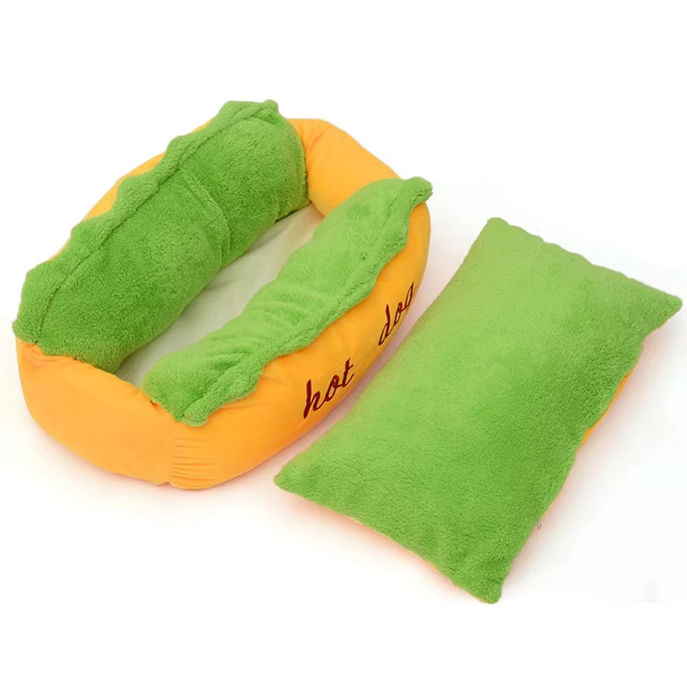 Cama para perros con forma de perrito caliente - Comodidad mullida para perros y gatos