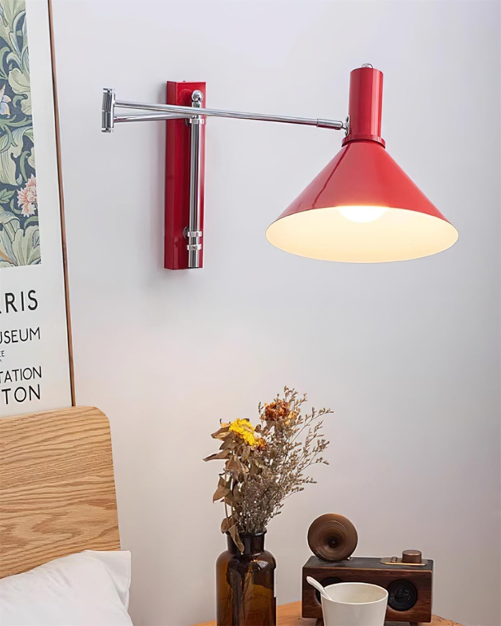 Lampada da parete con braccio metallico regolabile - Paralume rosso, attacco E26