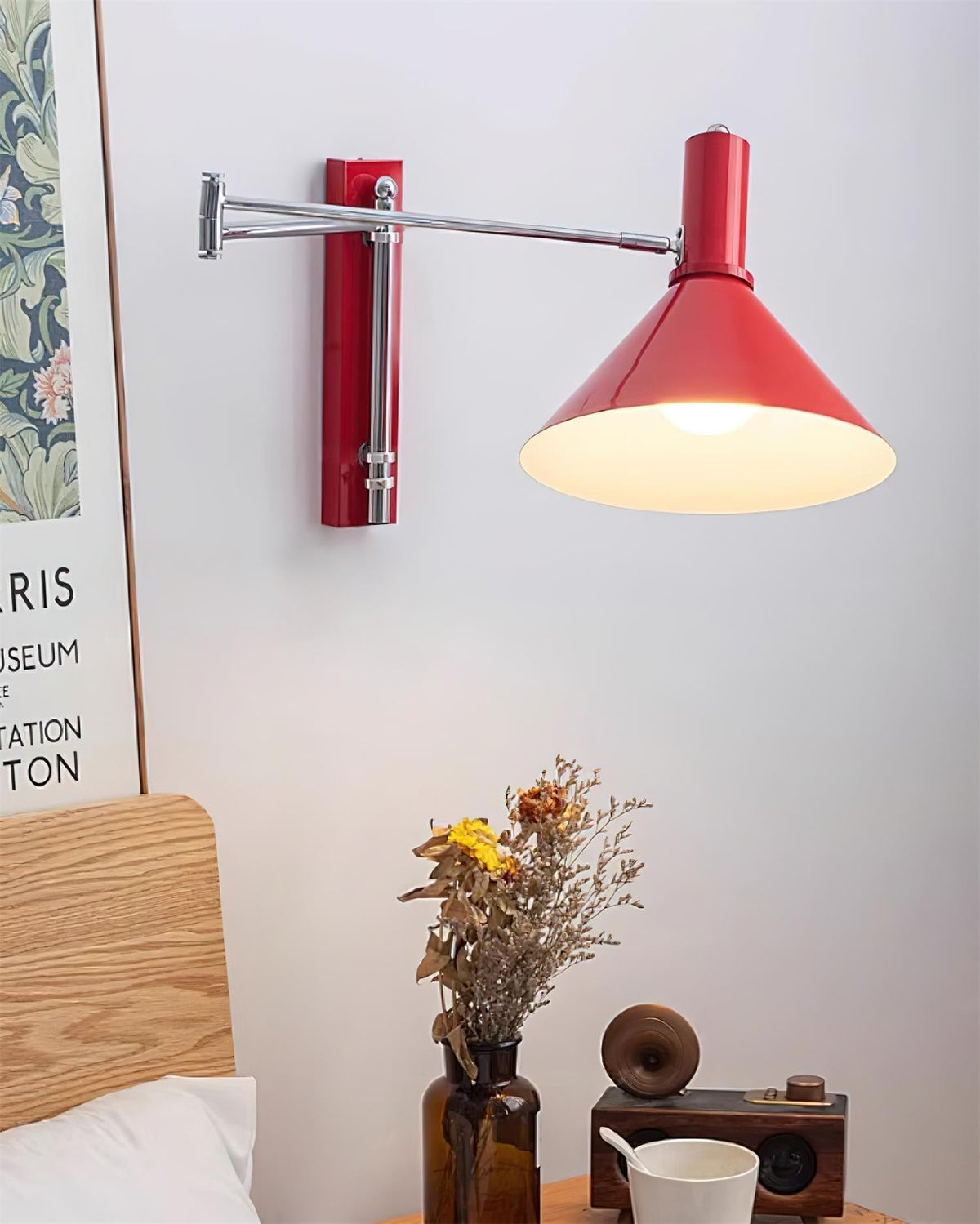 Lampada da parete con braccio metallico regolabile - Paralume rosso, attacco E26