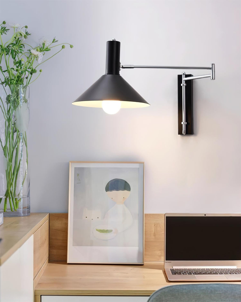 Lampada da parete con braccio metallico regolabile - Paralume rosso, attacco E26