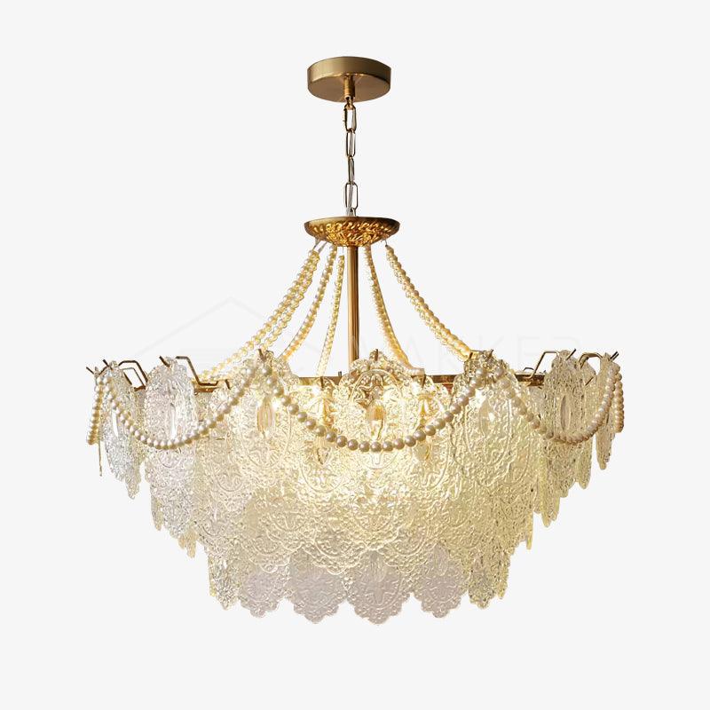 Perleglaslysekrone — moderne transparent pendeldesign