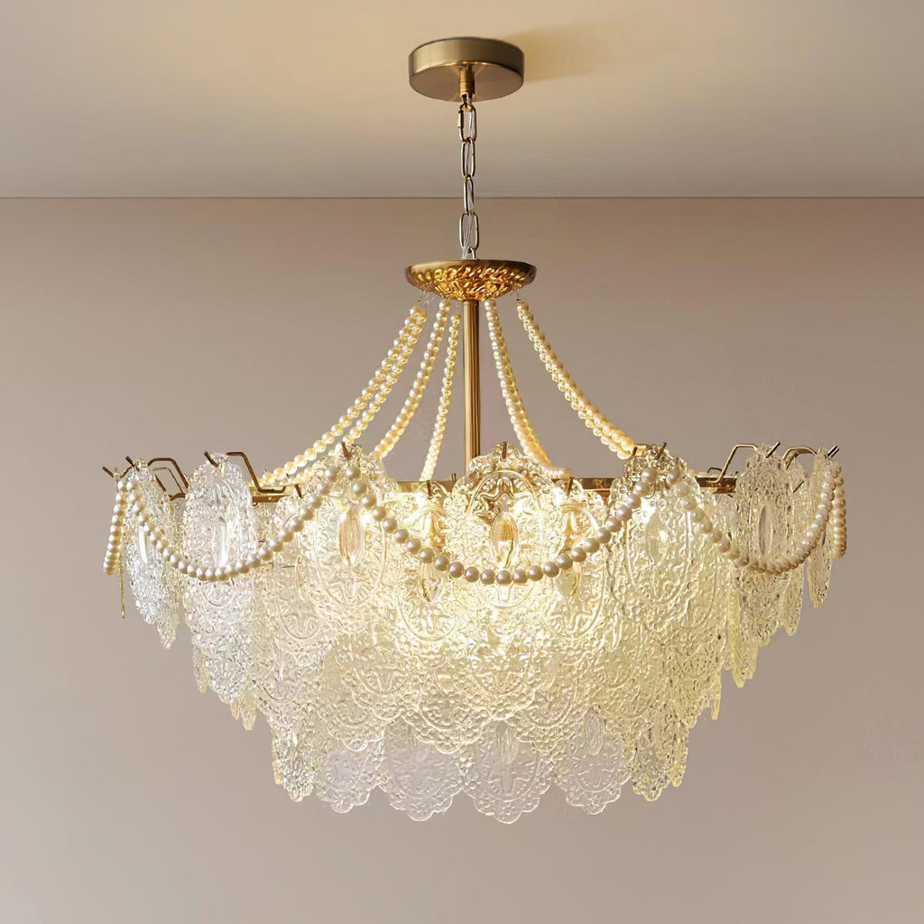 Perleglaslysekrone — moderne transparent pendeldesign