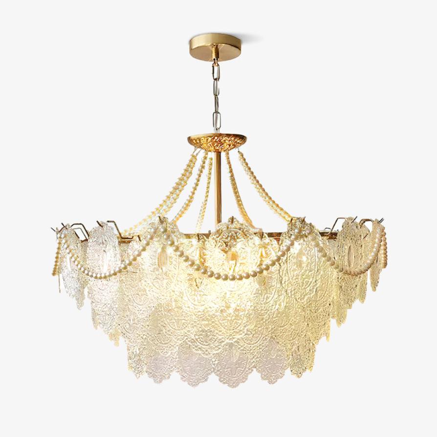 Perleglaslysekrone — moderne transparent pendeldesign