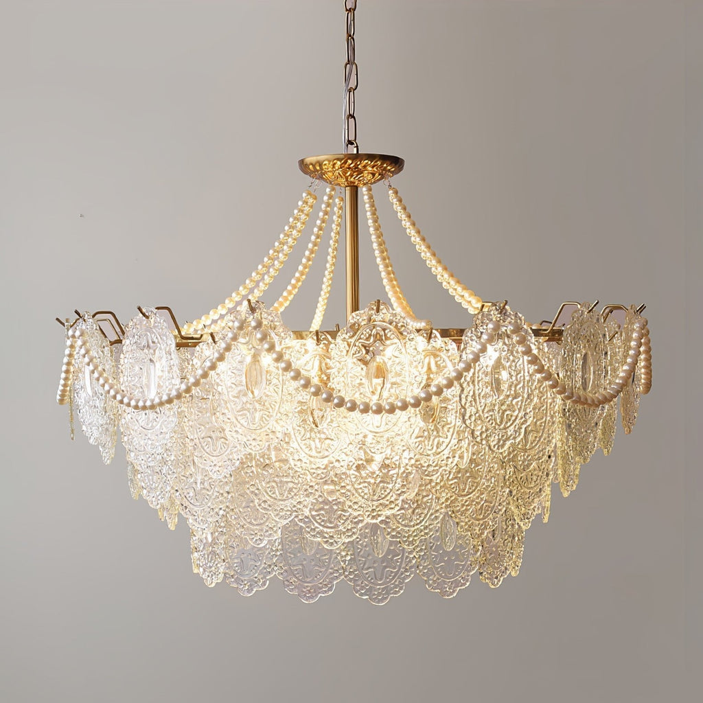 Perleglaslysekrone — moderne transparent pendeldesign