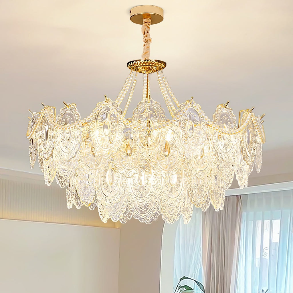 Perleglaslysekrone — moderne transparent pendeldesign