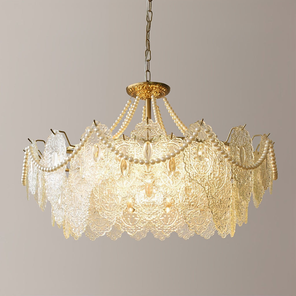 Perleglaslysekrone — moderne transparent pendeldesign