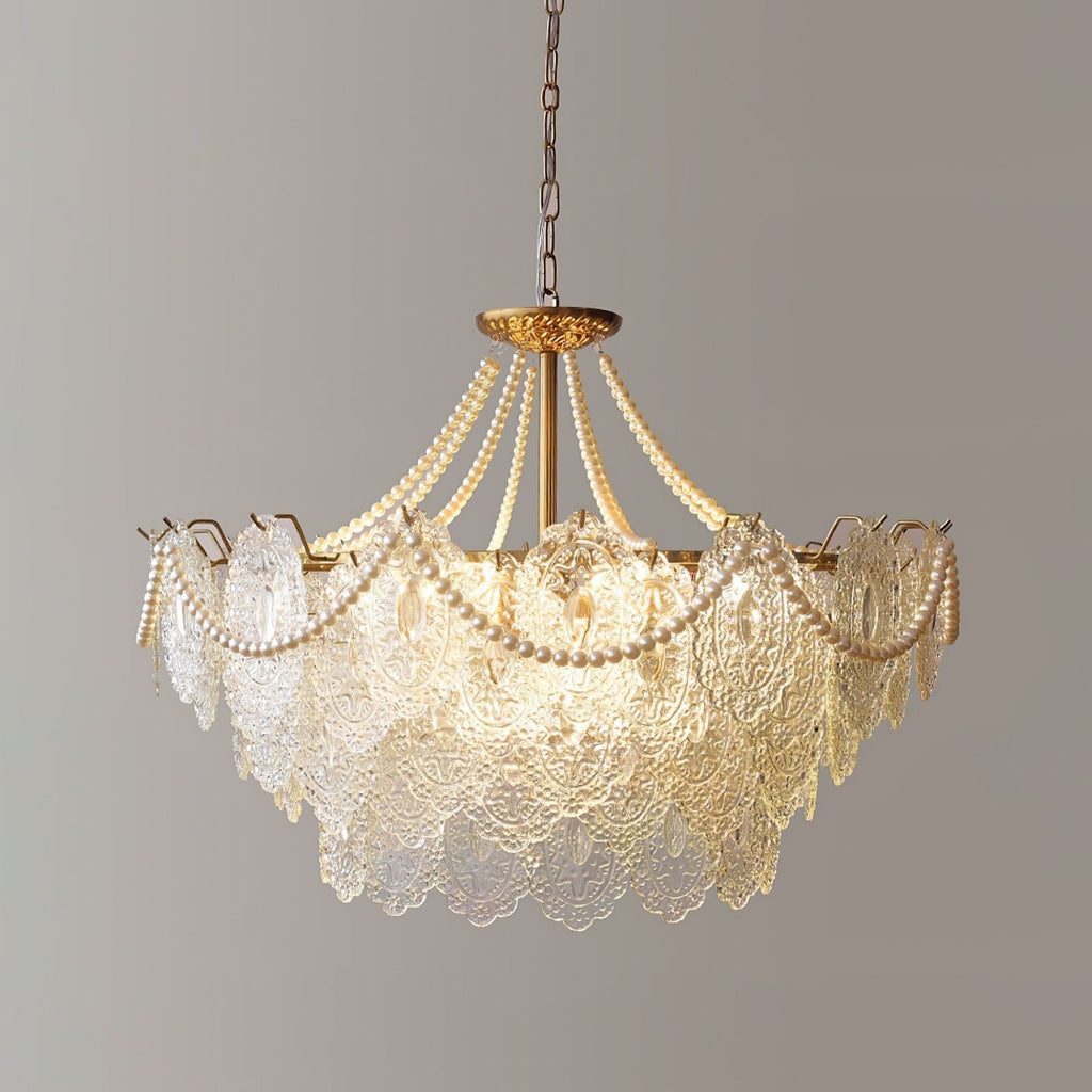 Perleglaslysekrone — moderne transparent pendeldesign