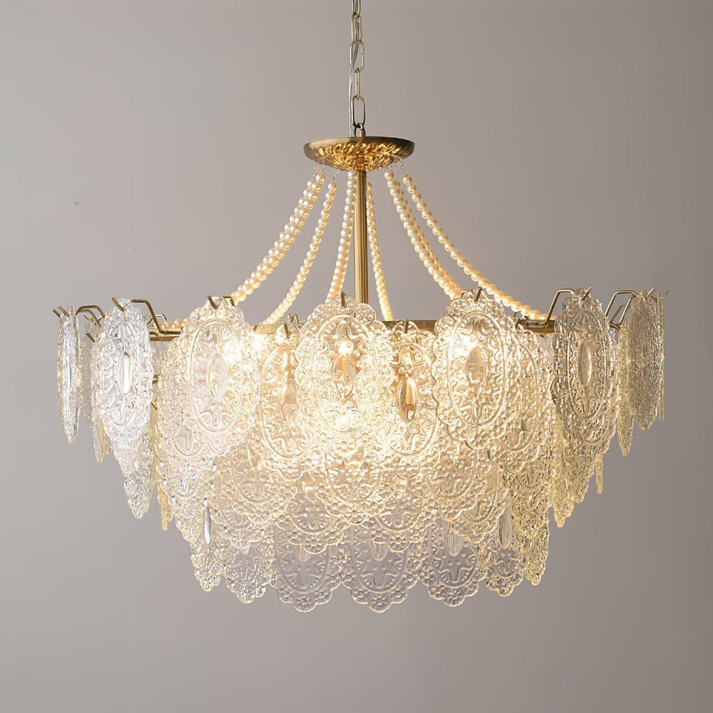 Perleglaslysekrone — moderne transparent pendeldesign