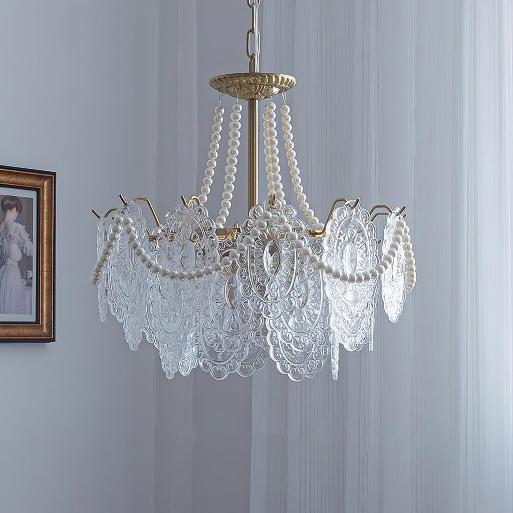 Perleglaslysekrone — moderne transparent pendeldesign