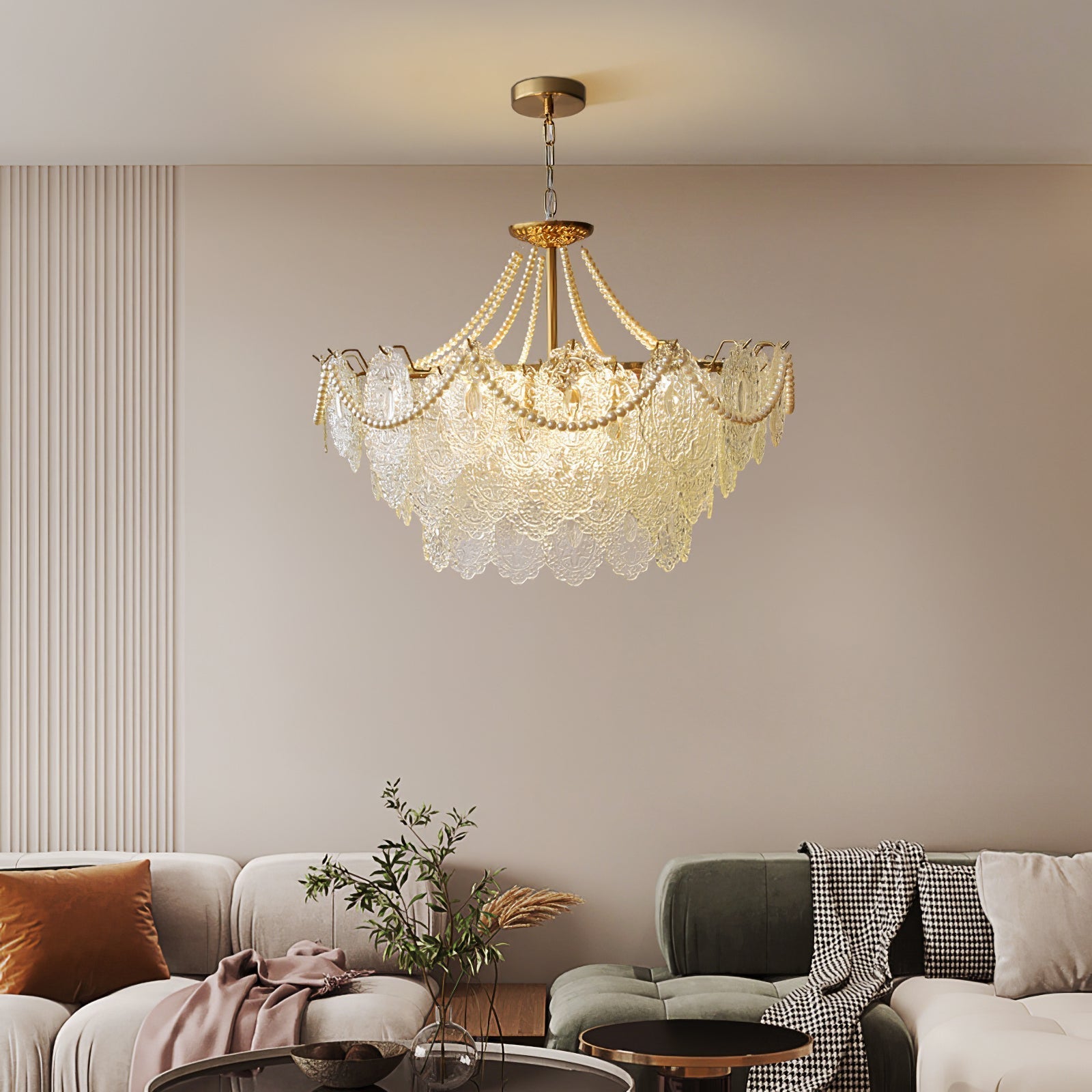 Perleglaslysekrone — moderne transparent pendeldesign
