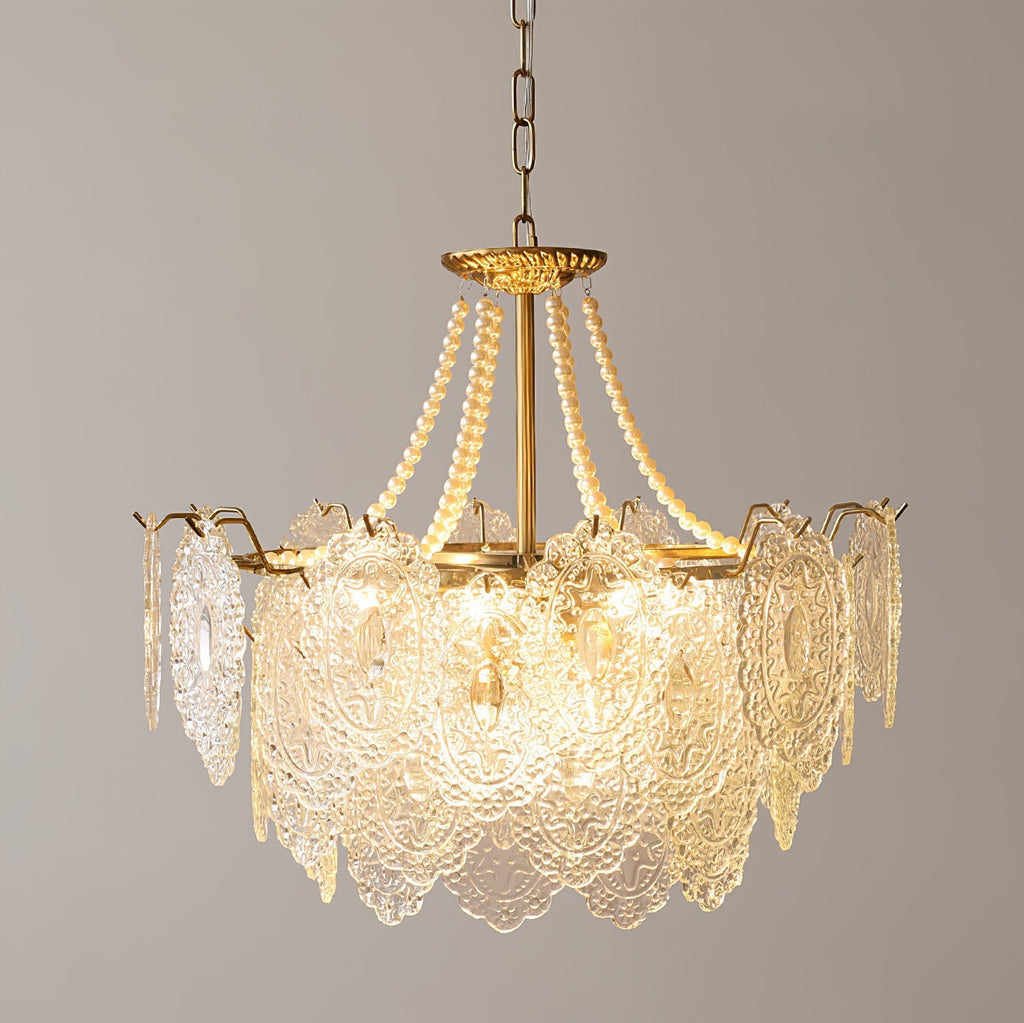 Perleglaslysekrone — moderne transparent pendeldesign