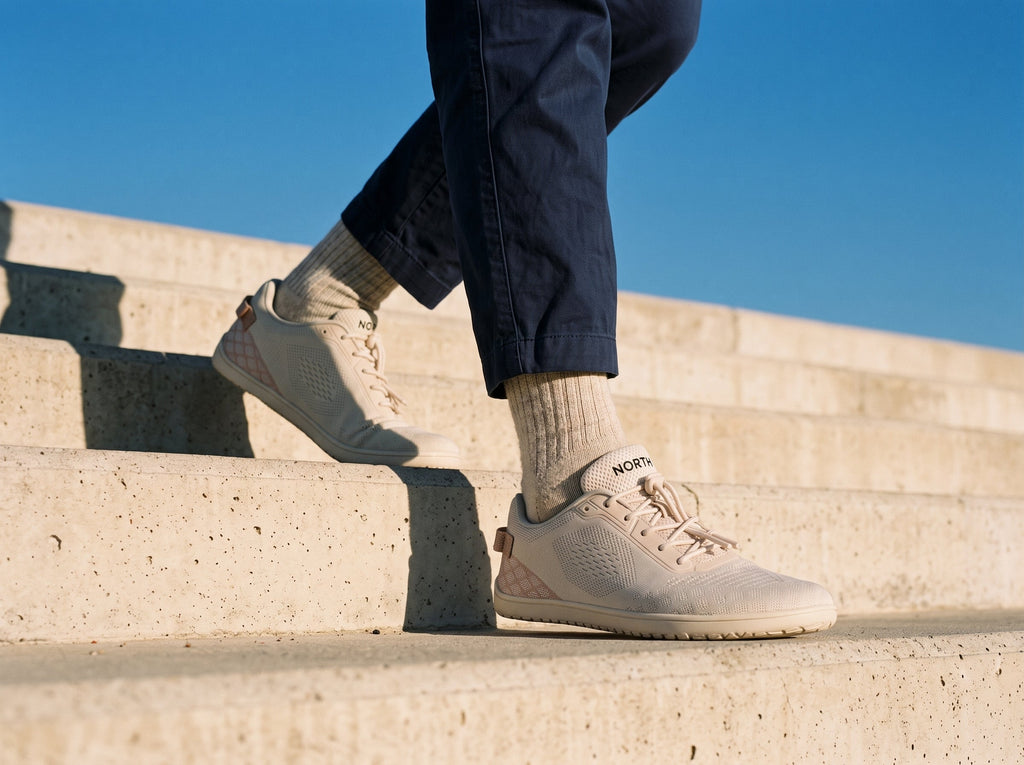 Person walking up stone steps in beige barefoot sneakers