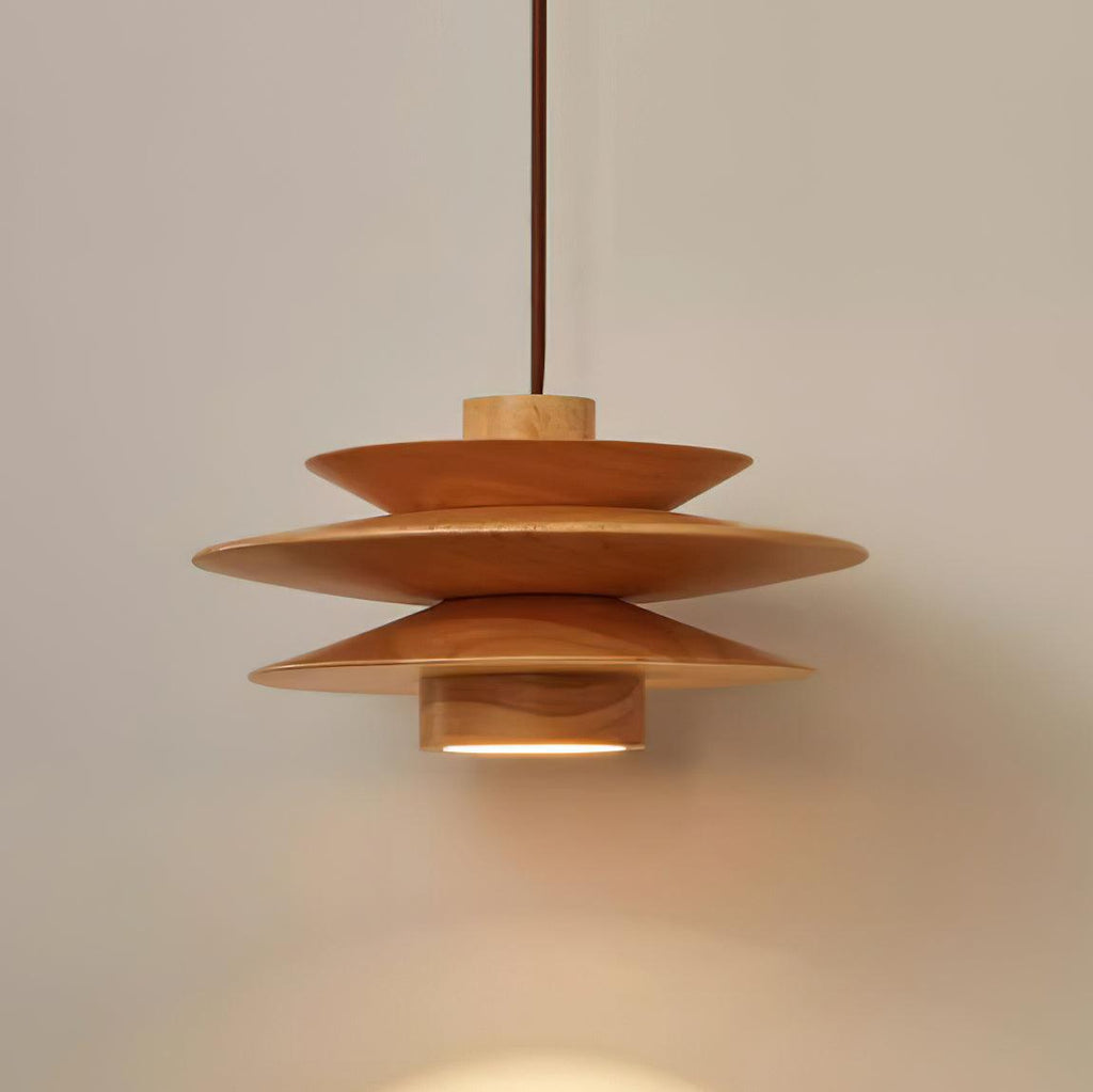 Lampada a sospensione in noce di metà secolo — sospensione a dischi stratificati Axis