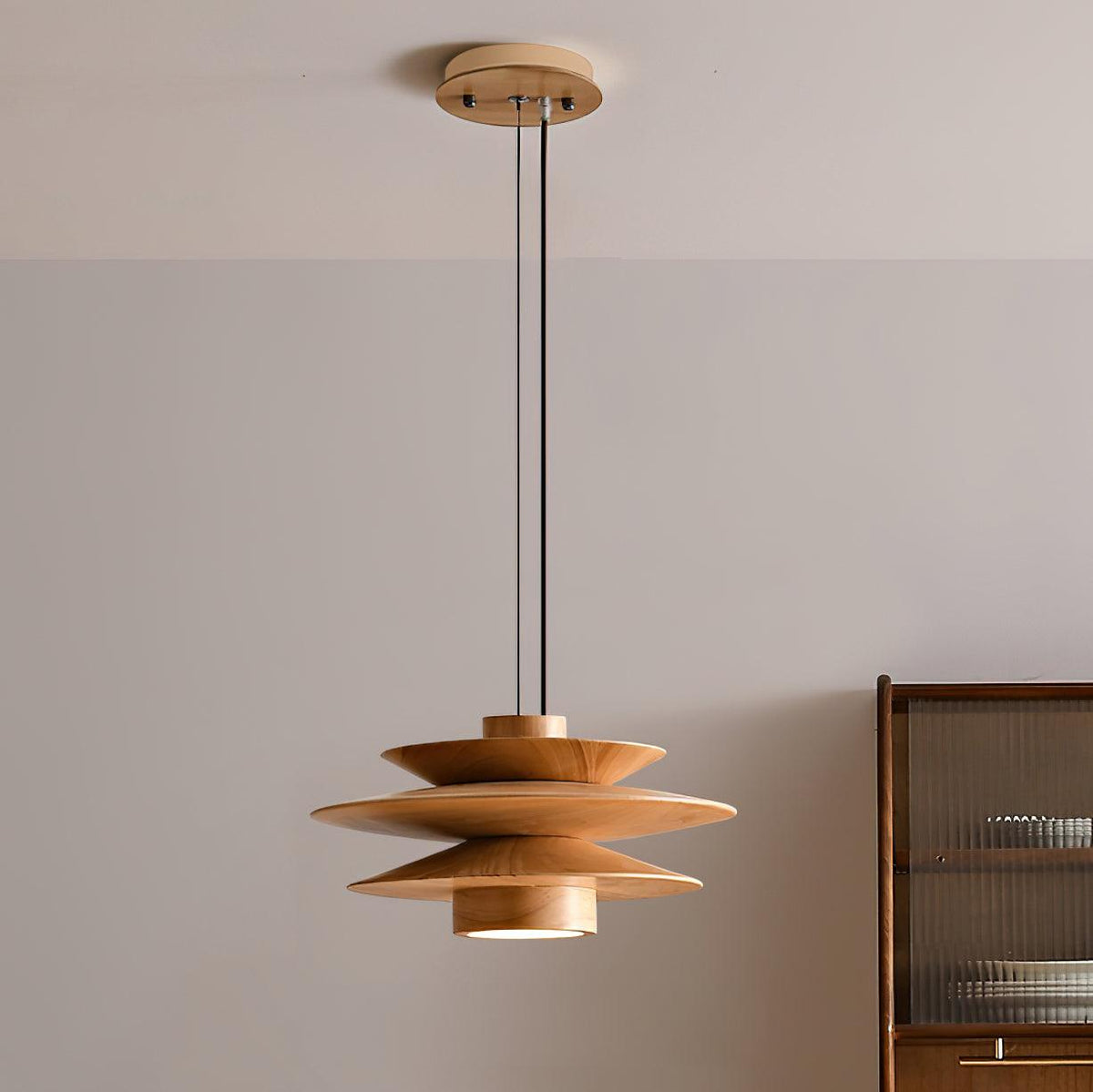 Lampada a sospensione in noce di metà secolo — sospensione a dischi stratificati Axis