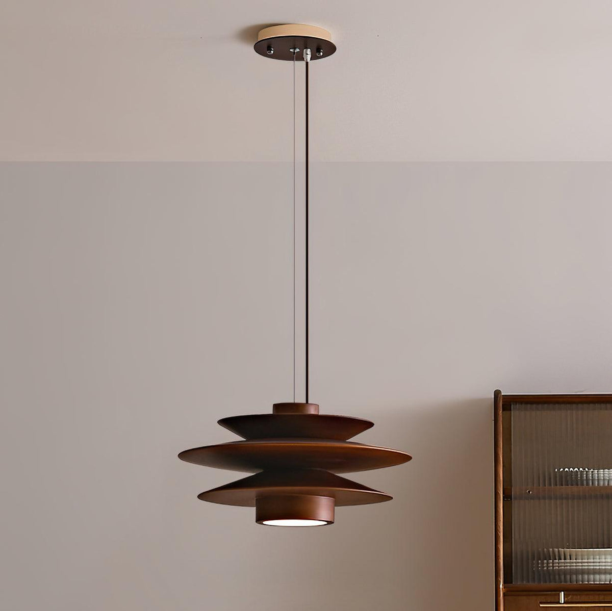Lampada a sospensione in noce di metà secolo — sospensione a dischi stratificati Axis