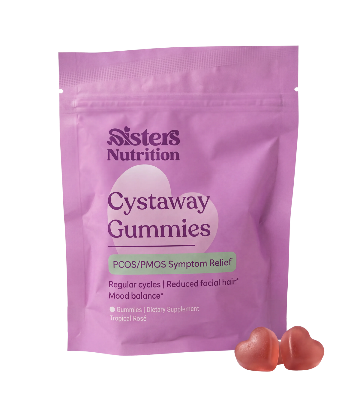 Pouch of gummies with two gummies in front