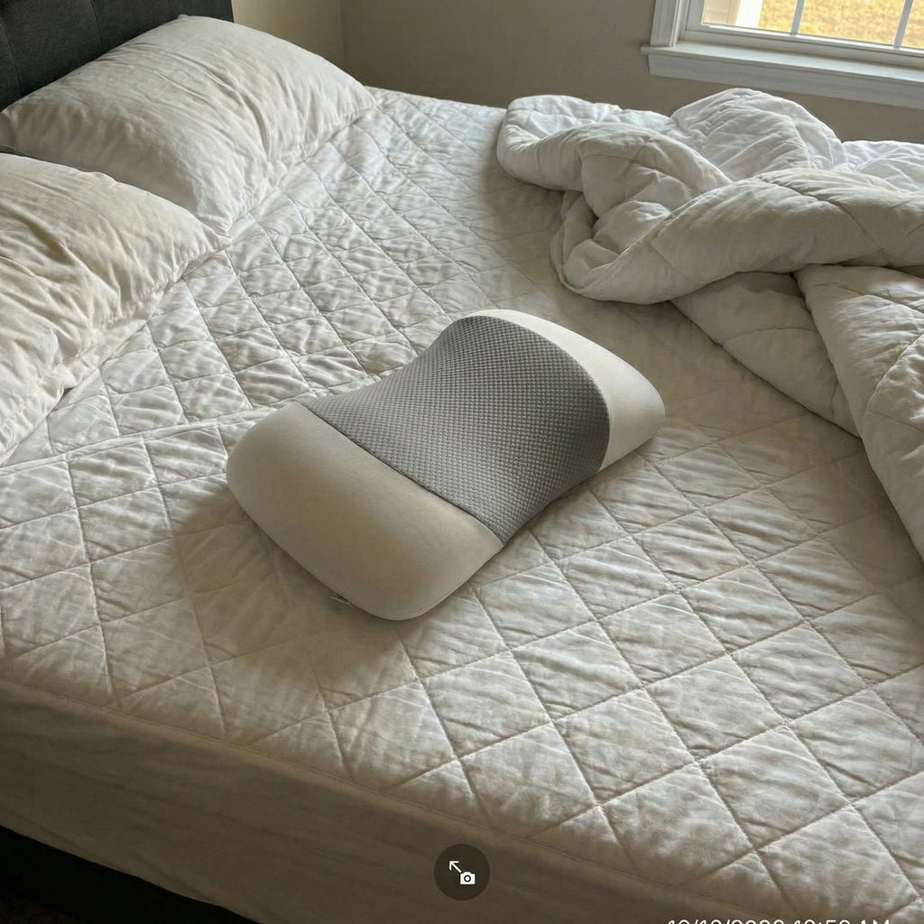Grey and white lumbar pillow lying on a bed