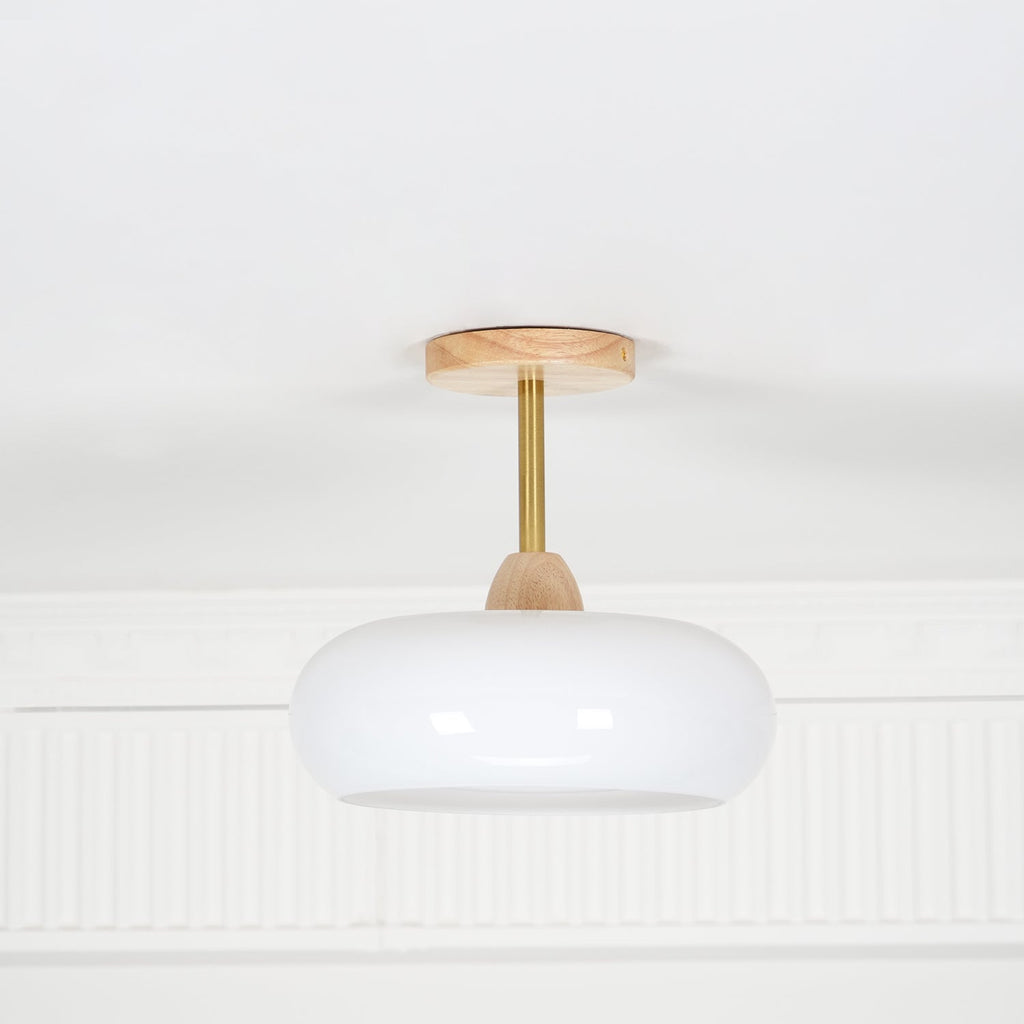 Charlotte plafond — Bauhaus-skjerm i oransje og hvitt glass og tre