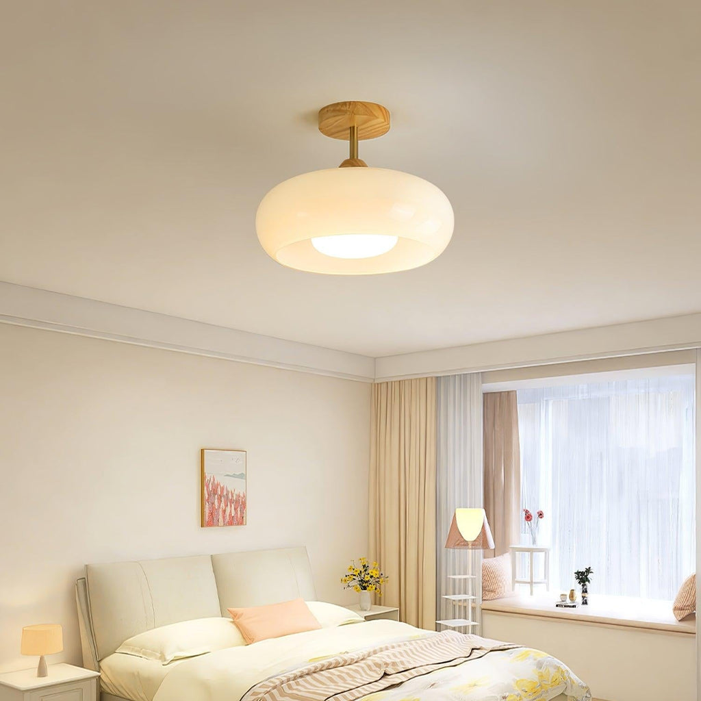 Charlotte plafond — Bauhaus-skjerm i oransje og hvitt glass og tre