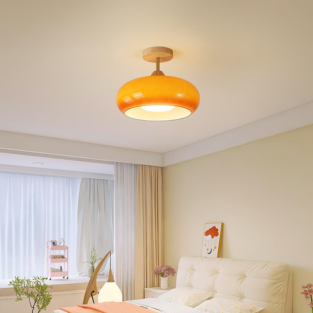 Charlotte plafond — Bauhaus-skjerm i oransje og hvitt glass og tre