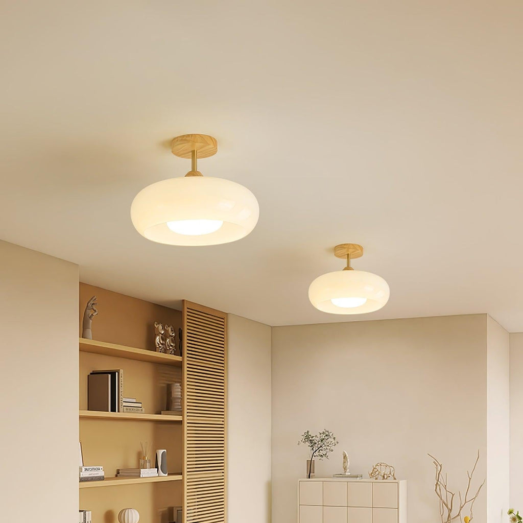 Charlotte plafond — Bauhaus-skjerm i oransje og hvitt glass og tre