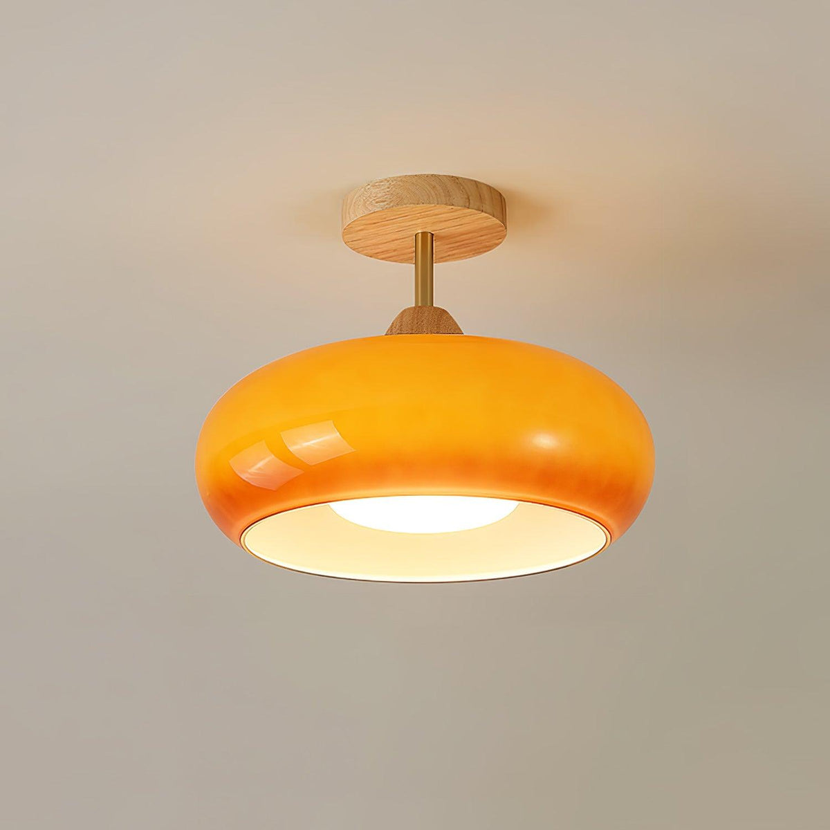 Charlotte plafond — Bauhaus-skjerm i oransje og hvitt glass og tre