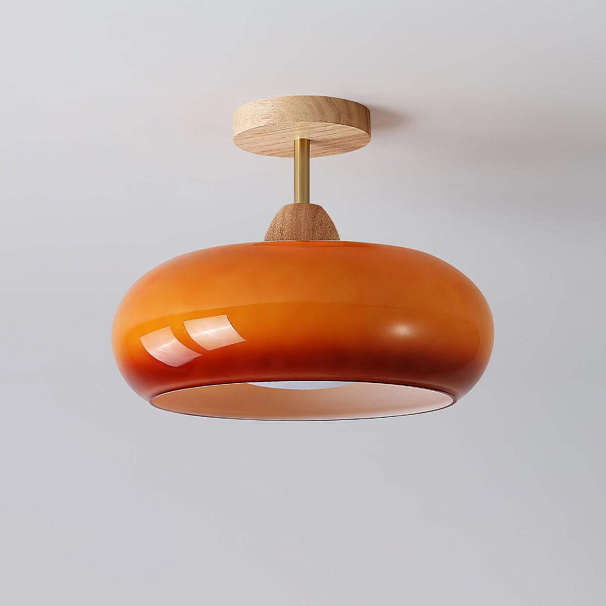 Charlotte plafond — Bauhaus-skjerm i oransje og hvitt glass og tre