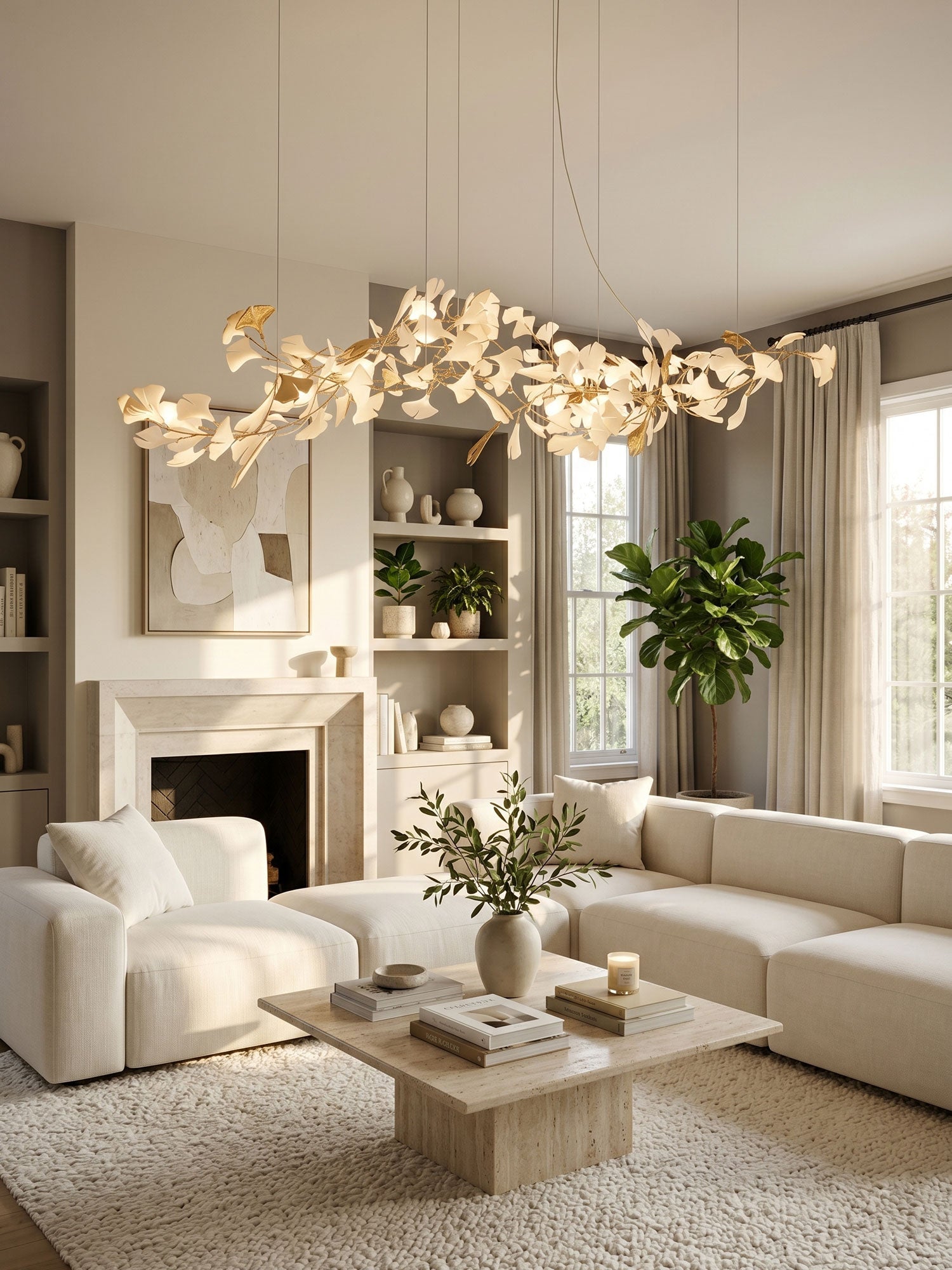 Lineární ručně odlévaný porcelánový lustr Ginkgo