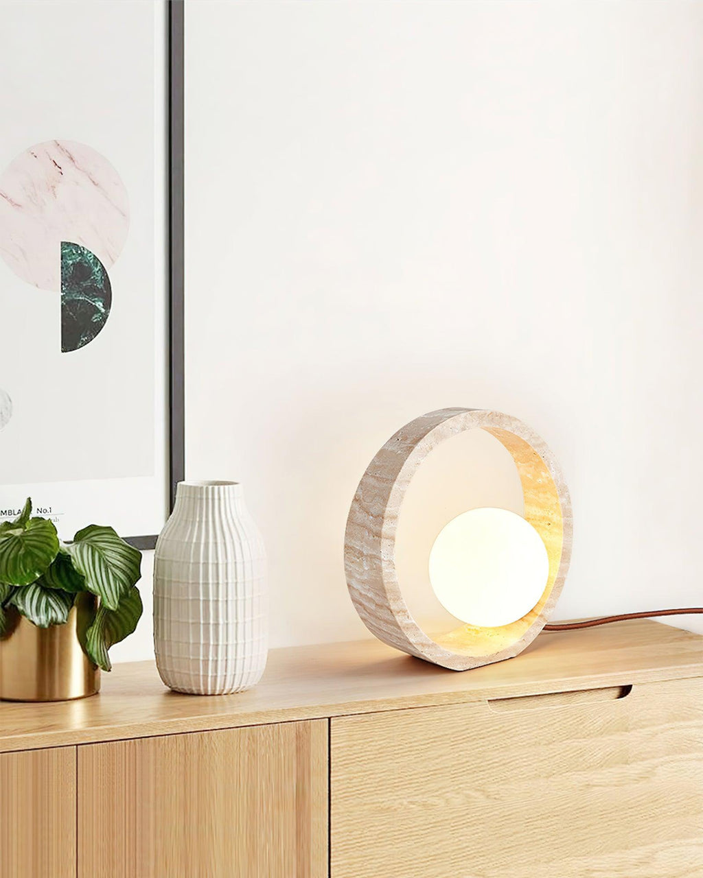 Q Circle Table Light — Yellow Travertine, Sculptural Design