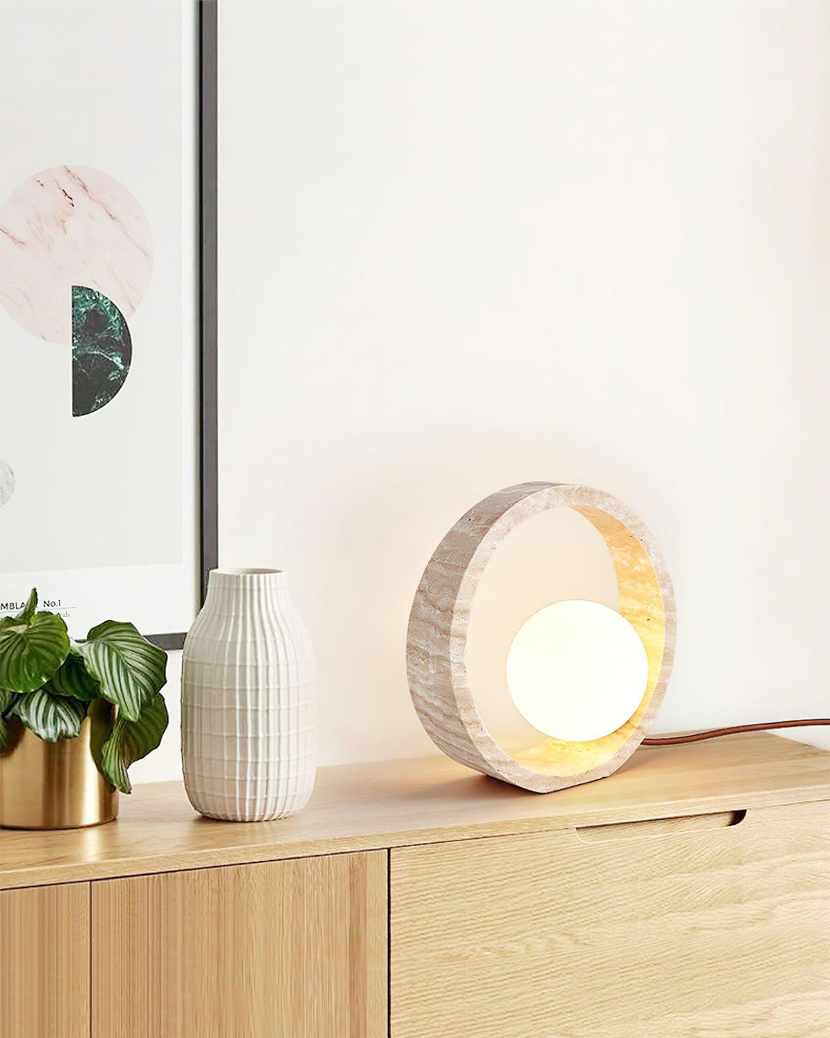 Q Circle Table Light — Yellow Travertine, Sculptural Design
