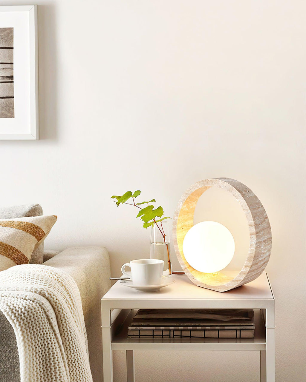Q Circle Table Light — Yellow Travertine, Sculptural Design