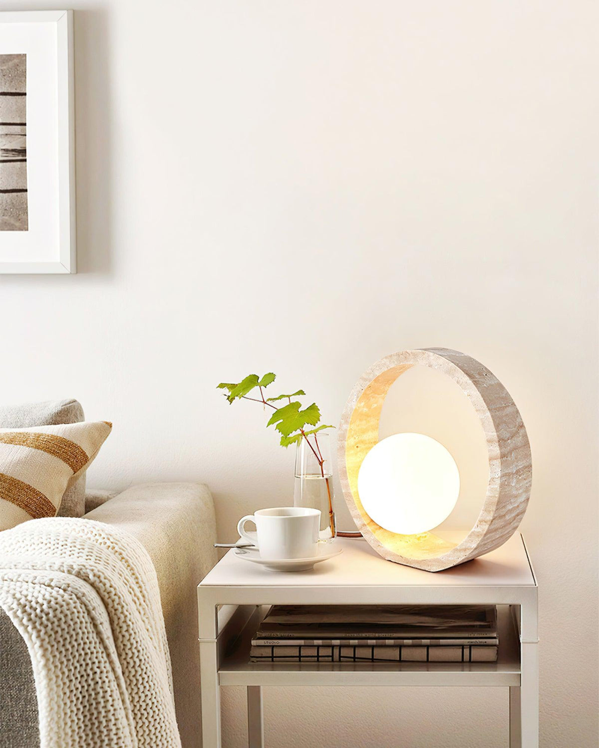 Q Circle Table Light — Yellow Travertine, Sculptural Design
