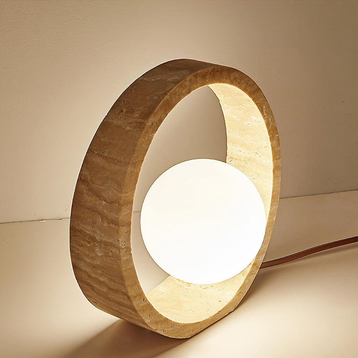 Q Circle Table Light — Yellow Travertine, Sculptural Design