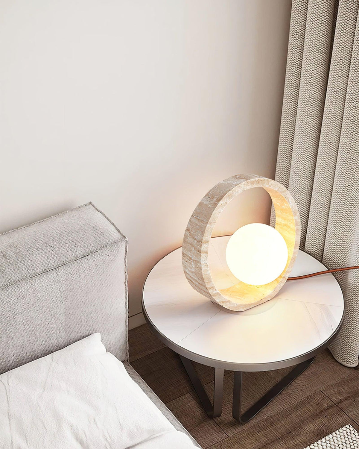 Q Circle Table Light — Yellow Travertine, Sculptural Design