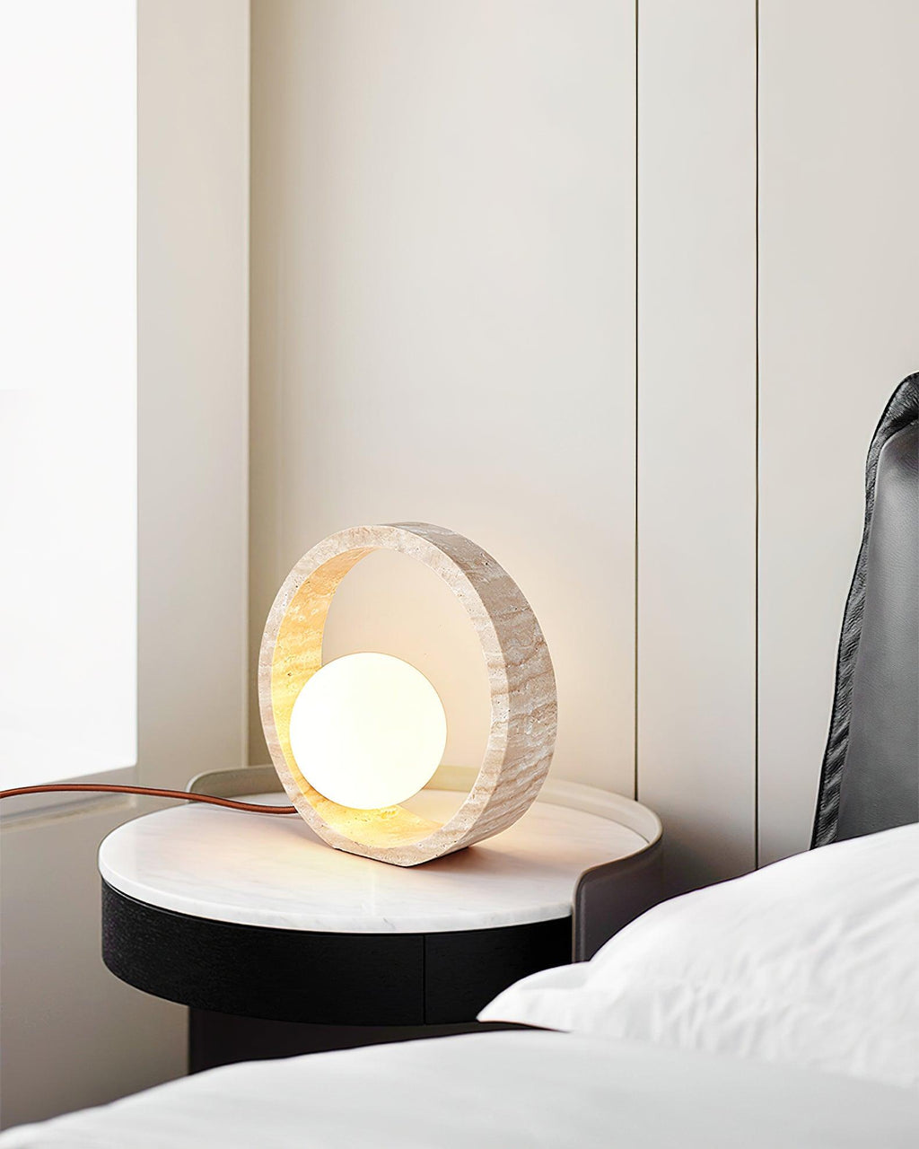 Q Circle Table Light — Yellow Travertine, Sculptural Design