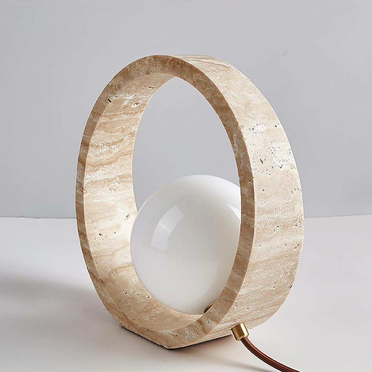 Q Circle Table Light — Yellow Travertine, Sculptural Design