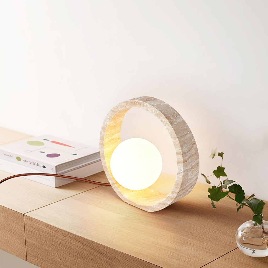 Q Circle Table Light — Yellow Travertine, Sculptural Design
