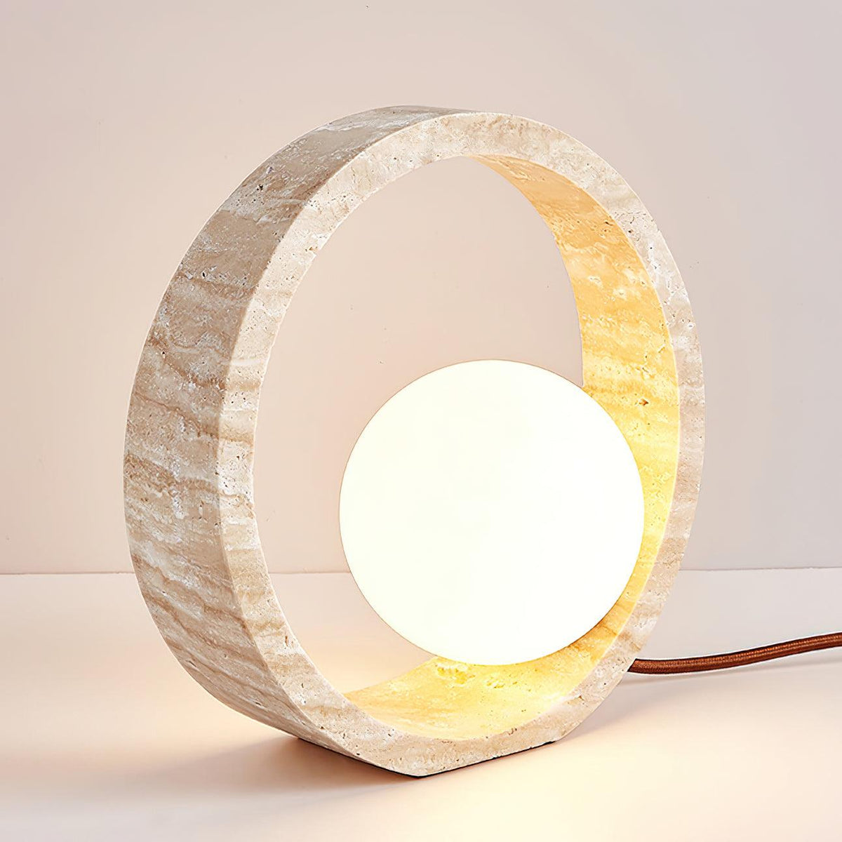 Q Circle Table Light — Yellow Travertine, Sculptural Design