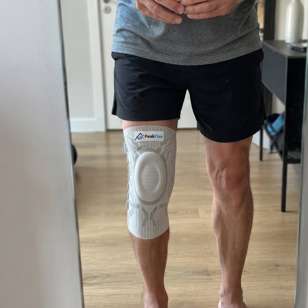 Man in shorts wearing the knee sleeve while standing at home
