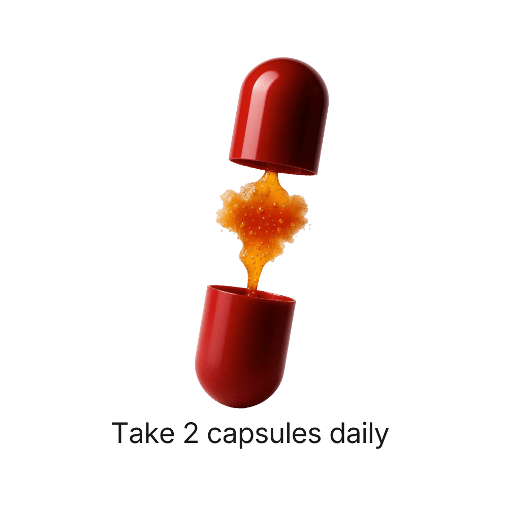 Opened red capsule with the text take 2 capsules daily