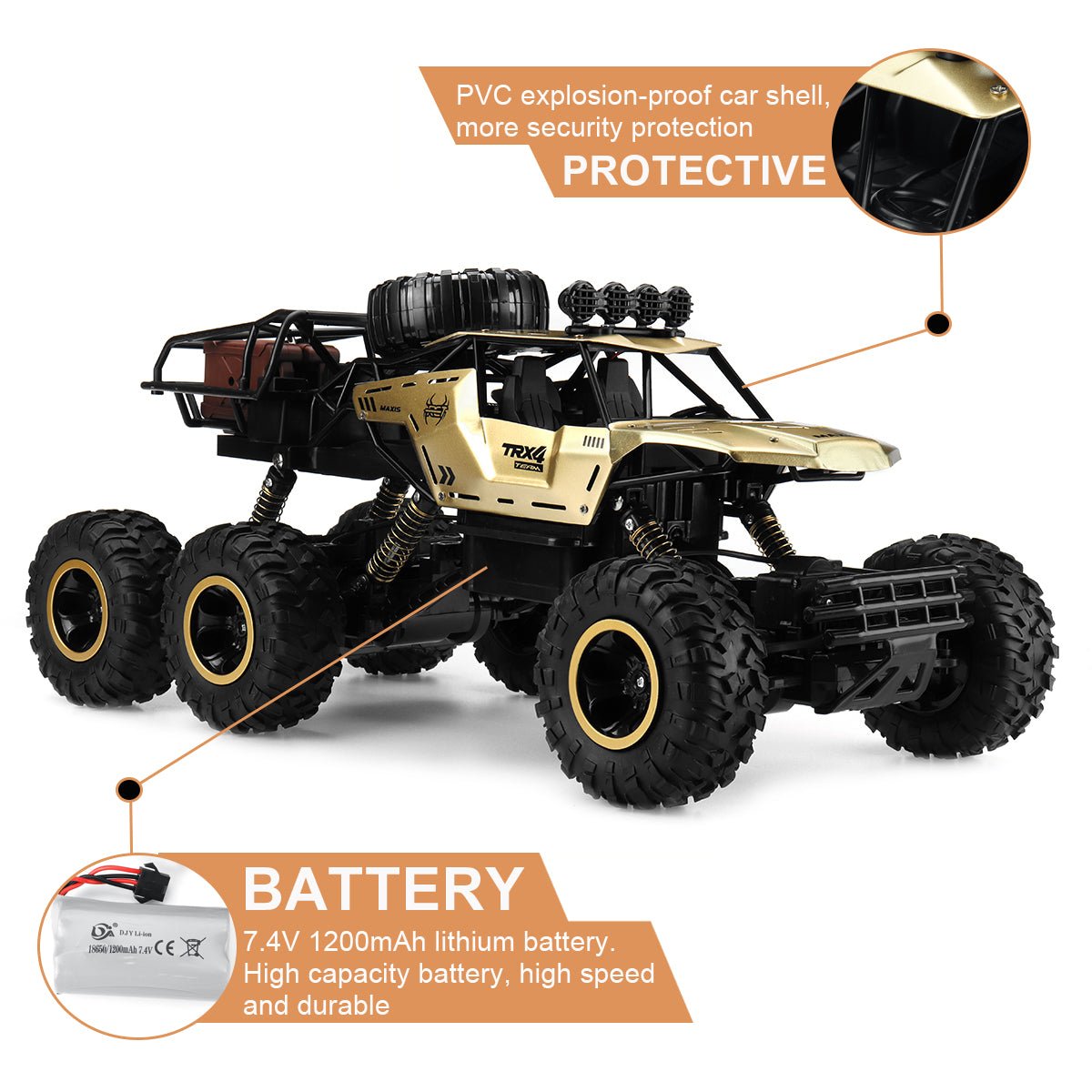 Monster truck teledirigido TrailRover 6WD con luces LED, hasta 52 km/h, potencia todoterreno