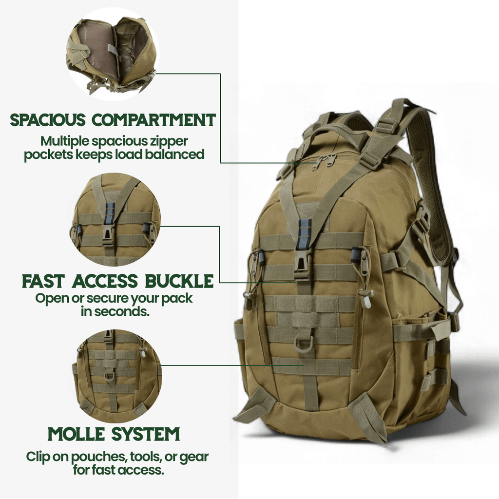 Mochila táctica Apex Trail de 40 L para aventureros, resistente al agua y de grado militar