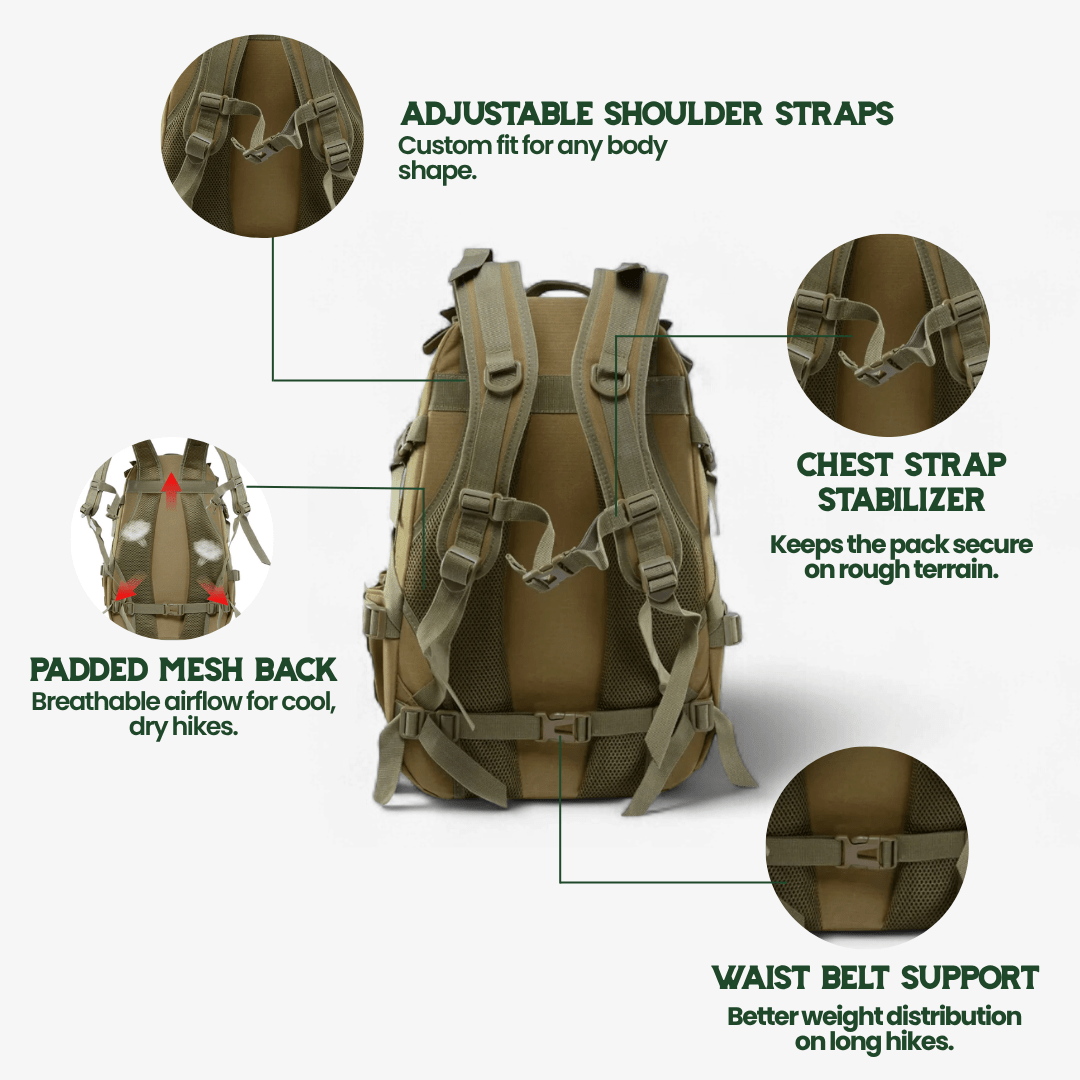 Mochila táctica Apex Trail de 40 L para aventureros, resistente al agua y de grado militar