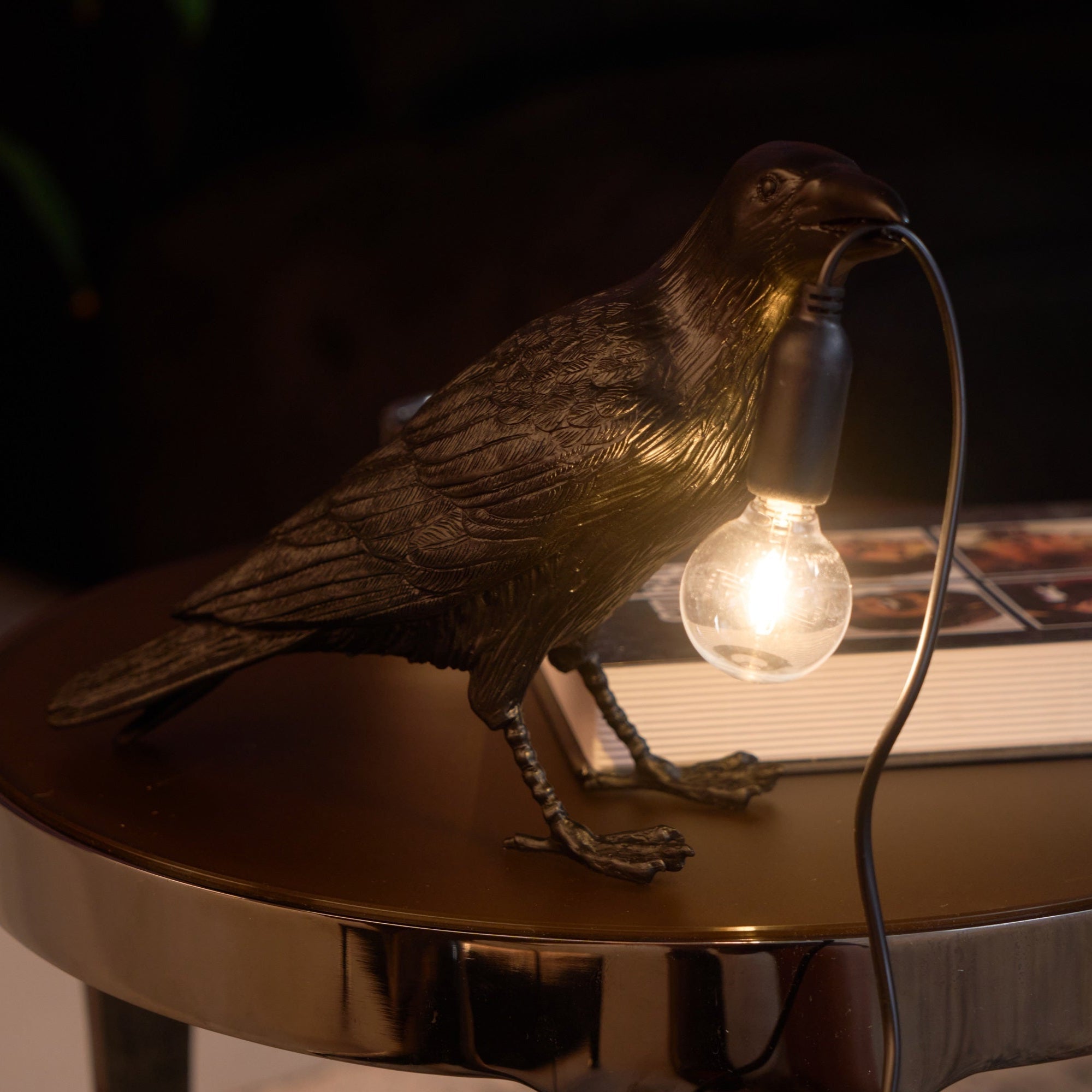 Sochařská stolní lampa Raven z pryskyřice — světlo pro žárovku Edison