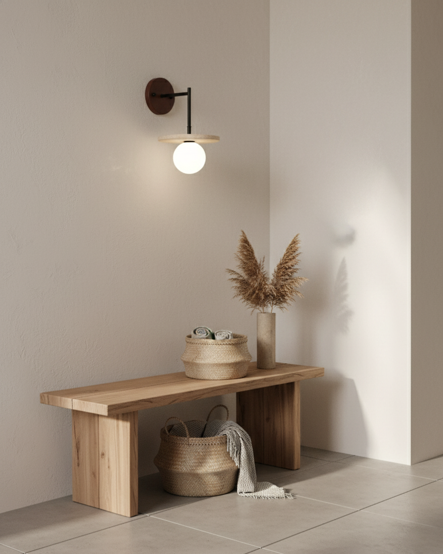 Minimalistyczna drewniana lampa ścienna Vantor — światło G9 podłączane na stałe, orzech i czerń