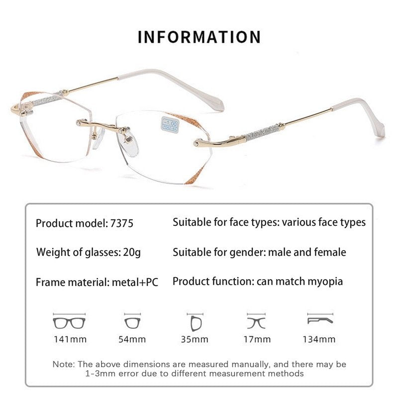 Lunettes pour femmes sans monture avec diamant, anti-lumière bleue, presbytie