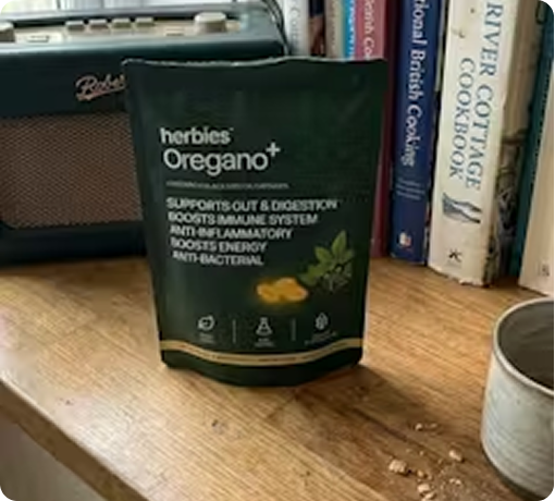 Softgel pouch standing on a kitchen counter
